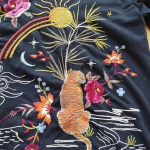 Johnny Was Hoodie Black Tiger Embroidered XS